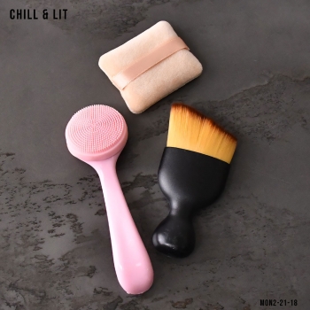 Kit de Pinceau fond + éponges à coussin d'air+ Brosse de Nettoyage Visage en Silicone