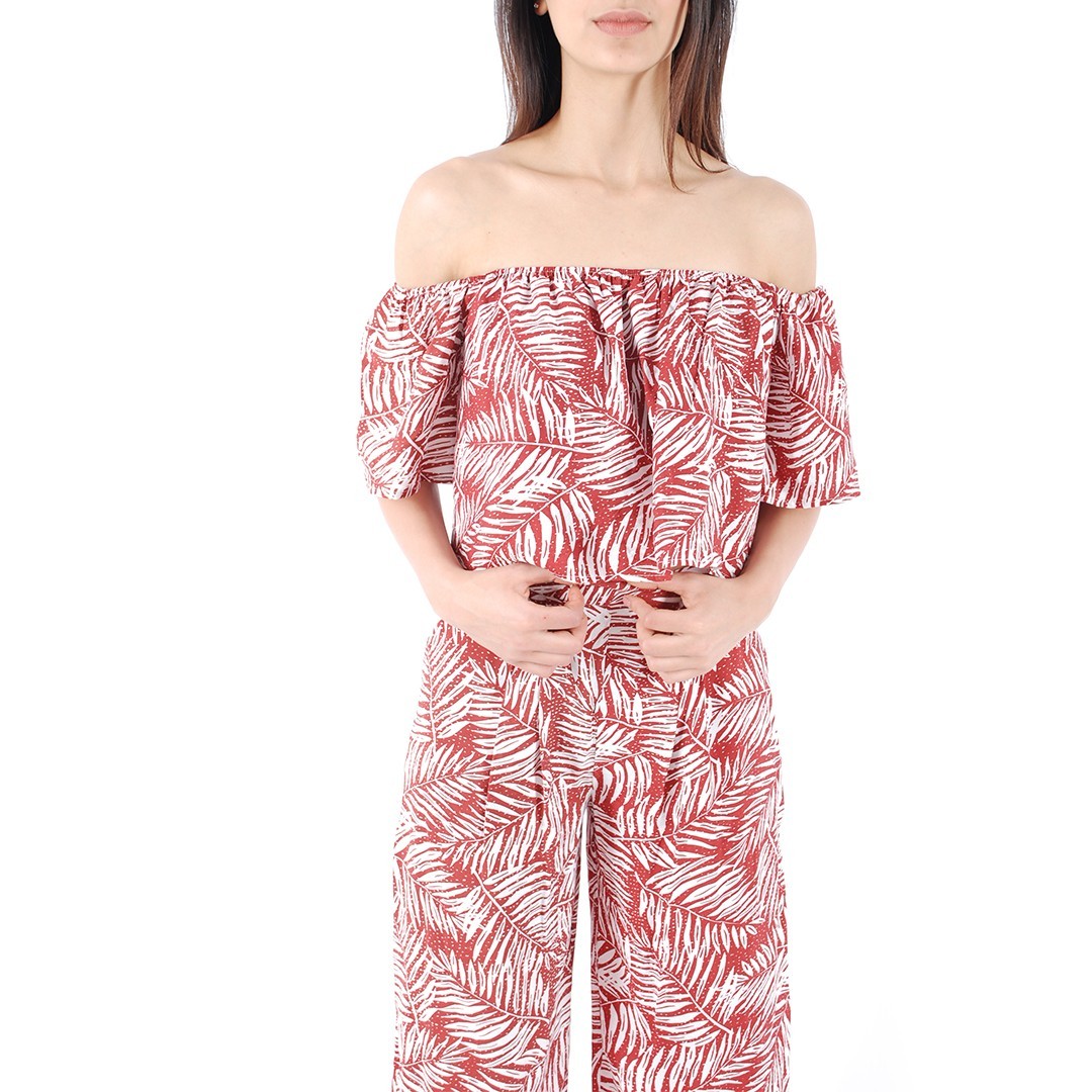 Slide  #6 Ensemble Crop Top Pantalon Large Motif Feuille Blanc