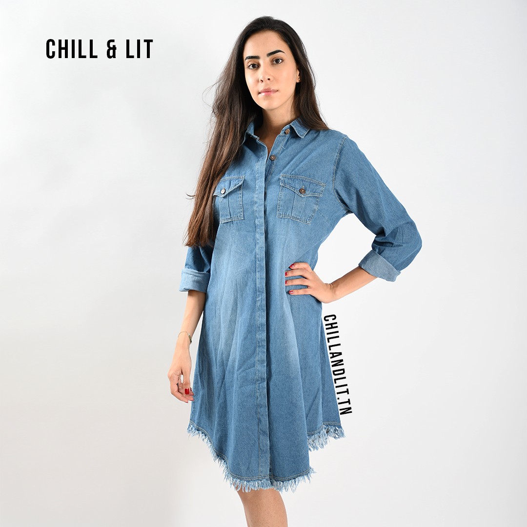 Slide  #1 Chemise Robe En Jean Avec Franges