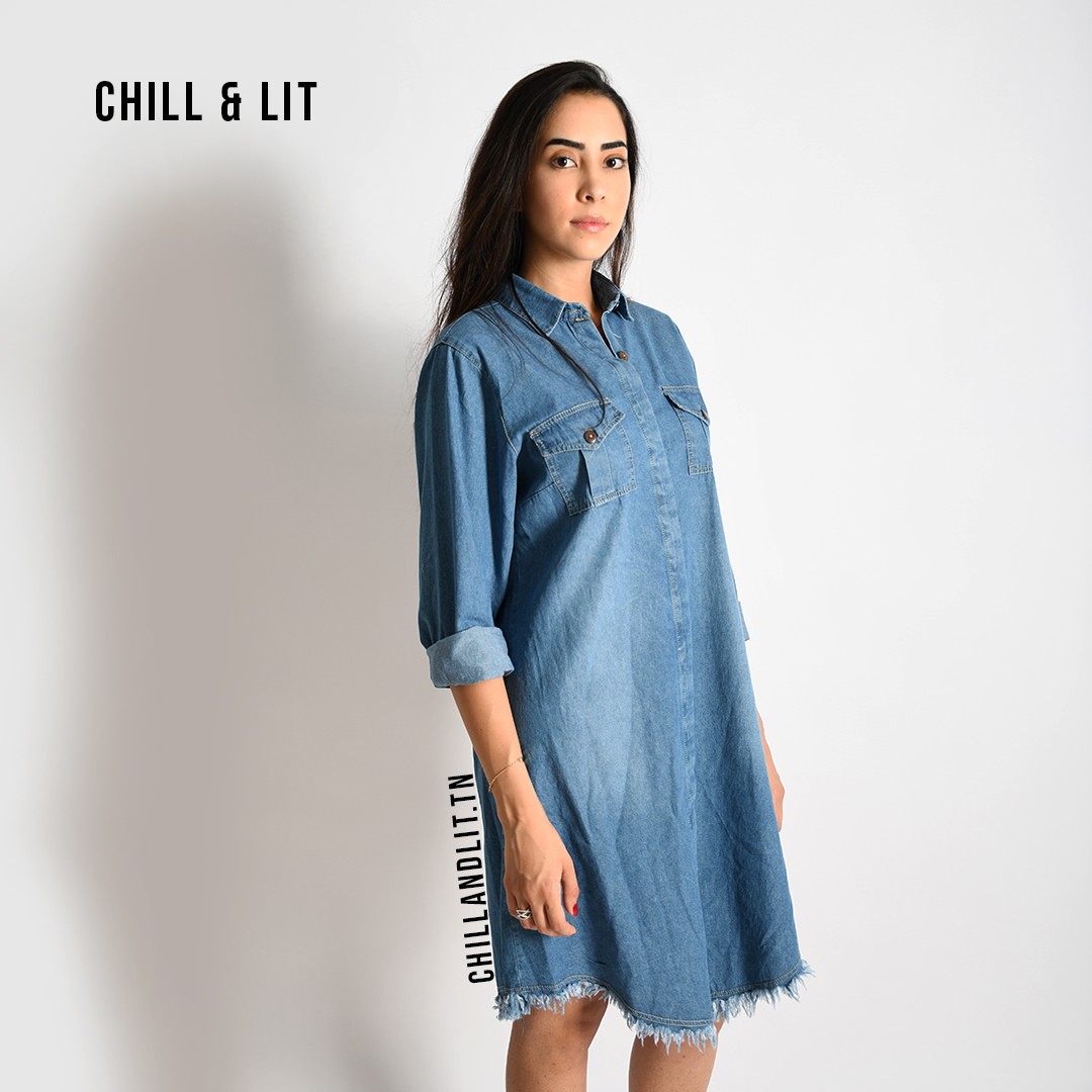 Slide  #2 Chemise Robe En Jean Avec Franges