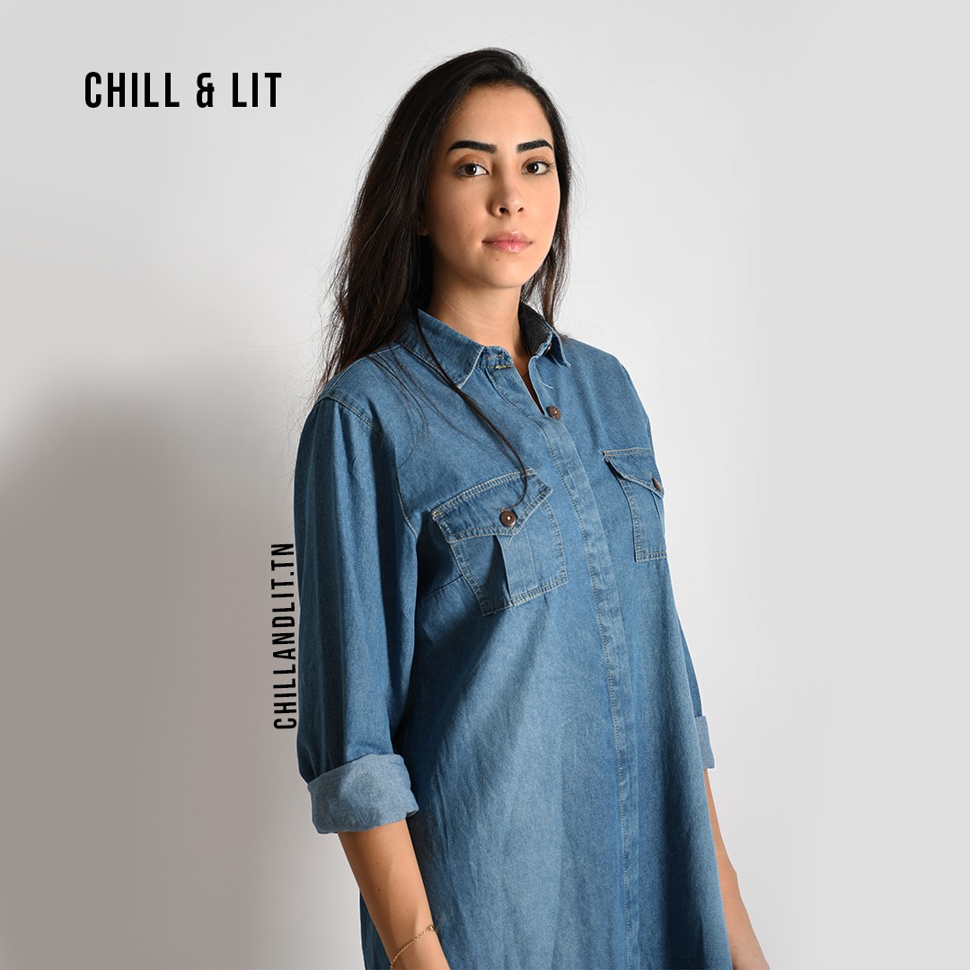 Slide  #4 Chemise Robe En Jean Avec Franges