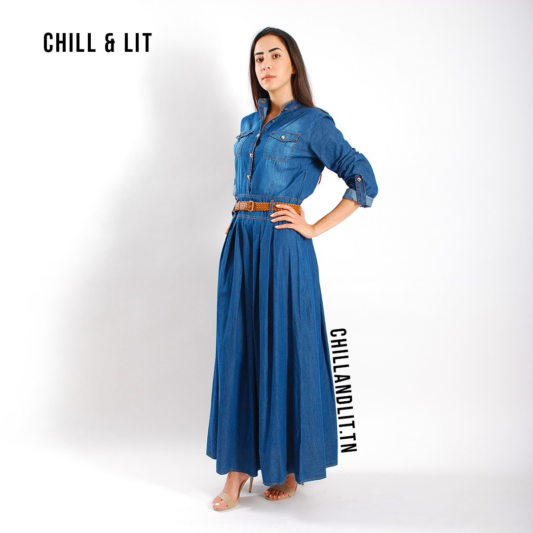 Slide  #2 Robe Longue en Jean Avec Ceinture en Cuir