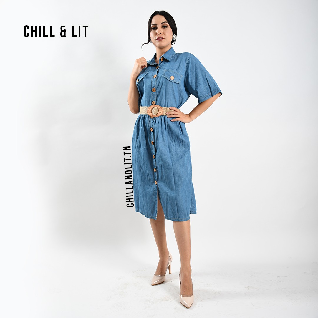 Slide  #1 Robe Jean Mi Longue Avec Ceinture Halfa