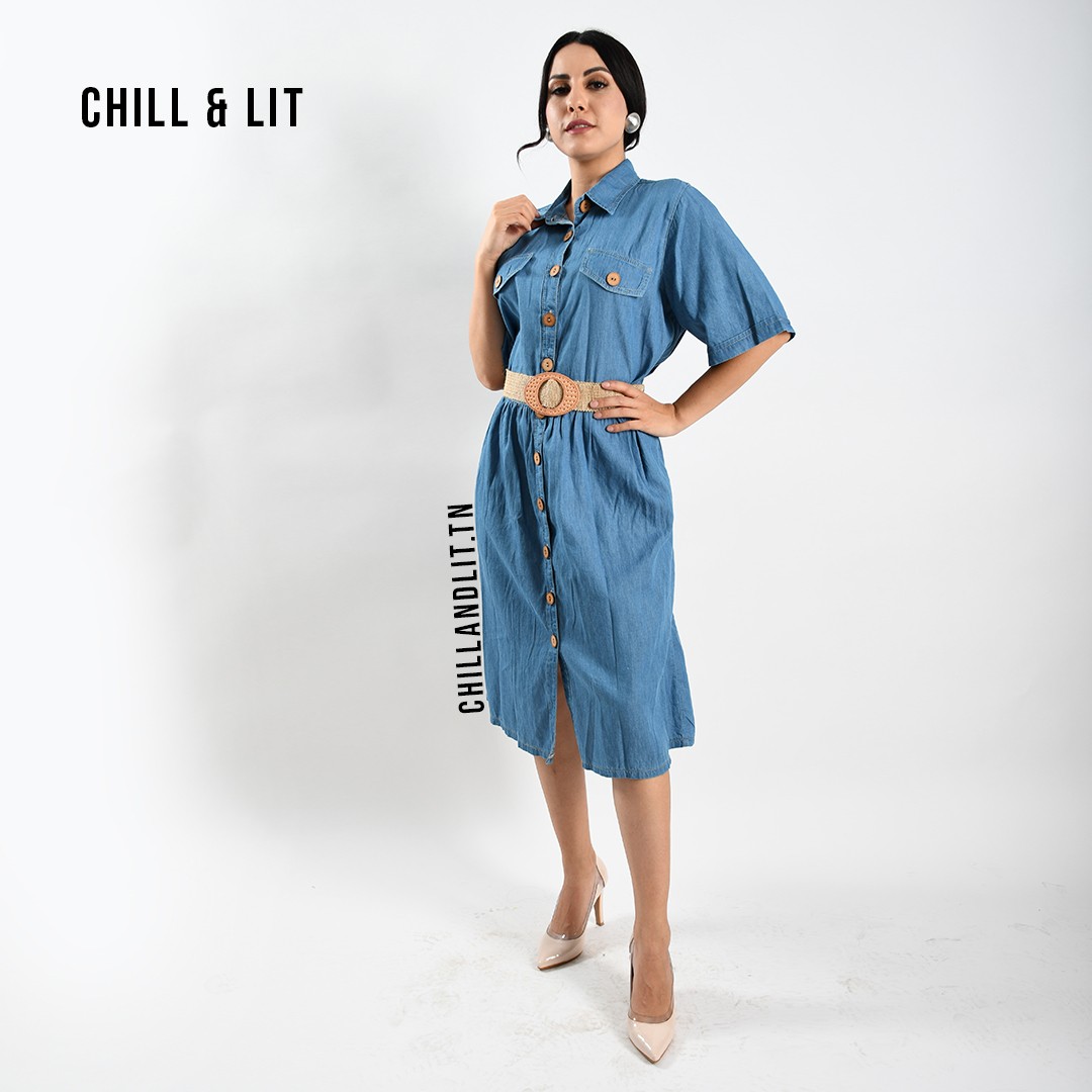 Slide  #2 Robe Jean Mi Longue Avec Ceinture Halfa