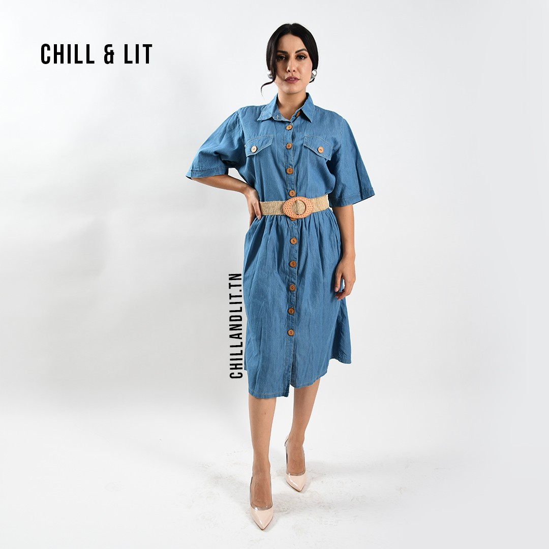 Slide  #3 Robe Jean Mi Longue Avec Ceinture Halfa