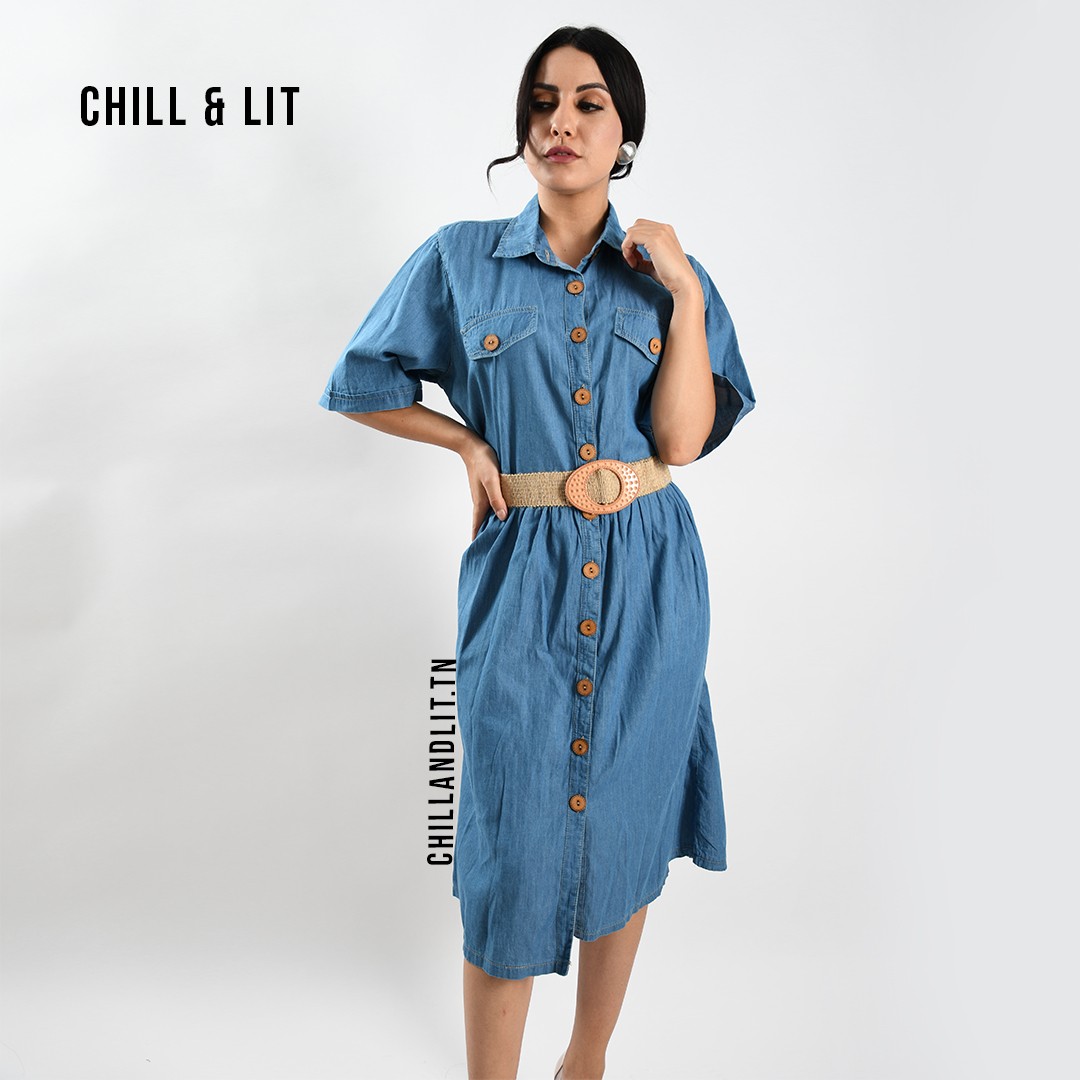 Slide  #4 Robe Jean Mi Longue Avec Ceinture Halfa