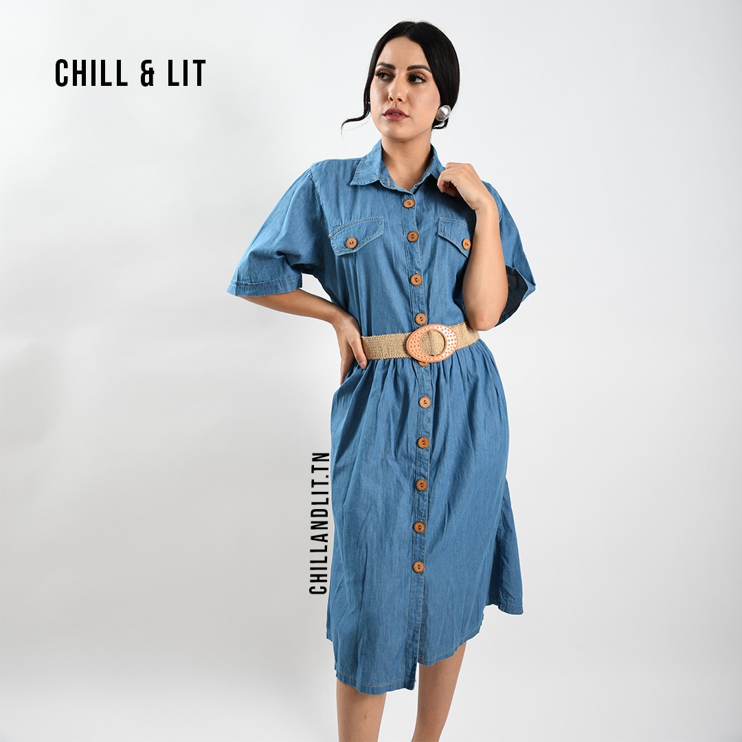 Slide  #5 Robe Jean Mi Longue Avec Ceinture Halfa