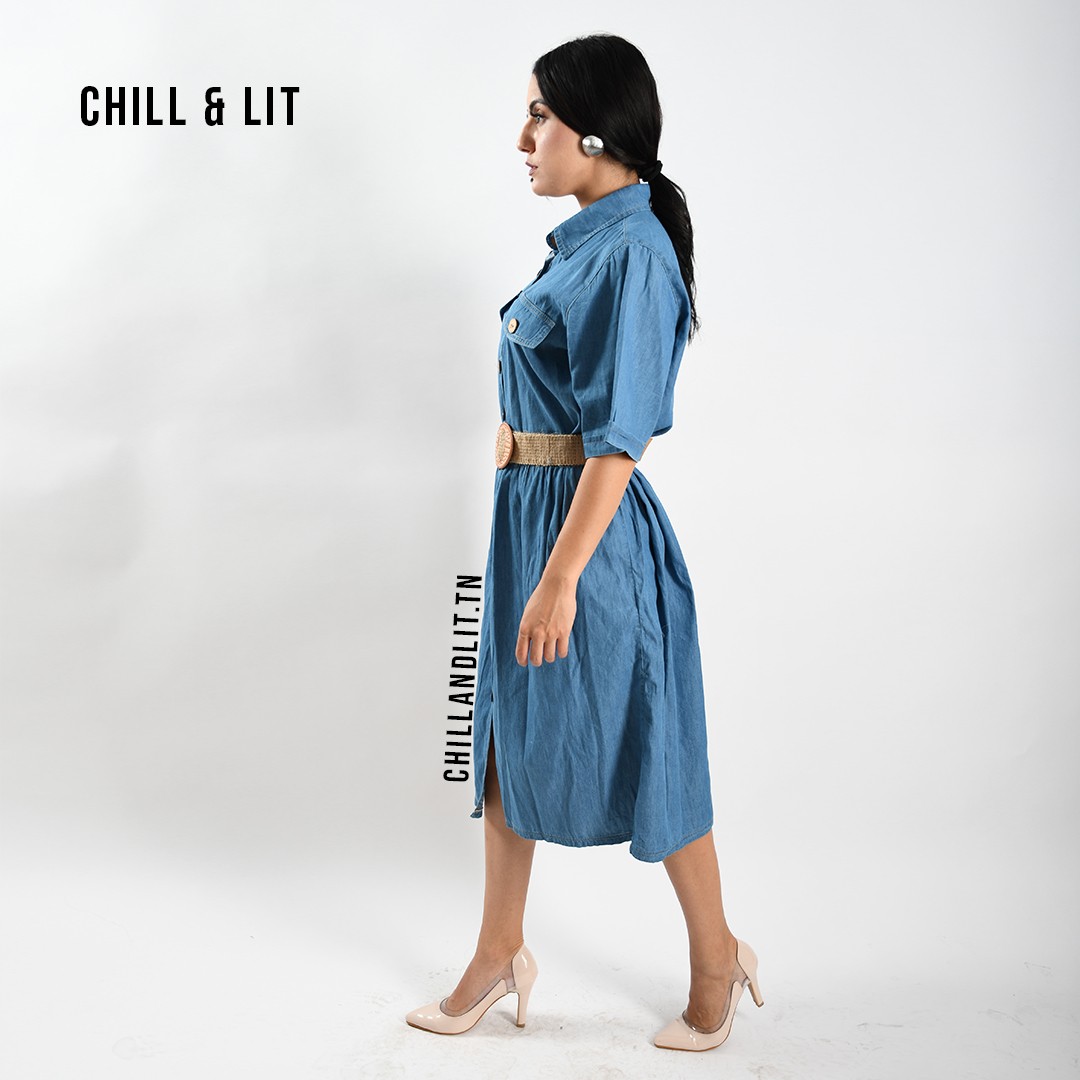 Slide  #6 Robe Jean Mi Longue Avec Ceinture Halfa
