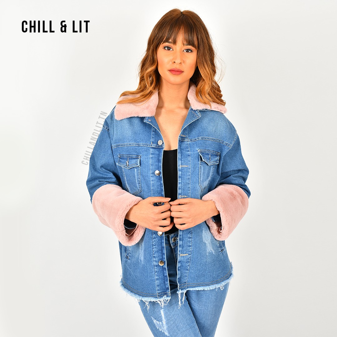 Veste En Jean Avec Col et Manches En Fourrure