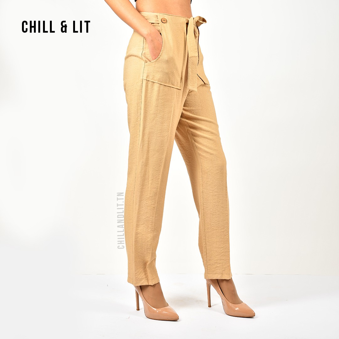 Slide  #1 Pantalon en Lin Taille Haute Avec Ceinture