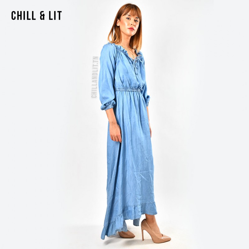 Robe longue en jean pour femme à manches courtes avec broderie florale et ceinture-bleu Bleu