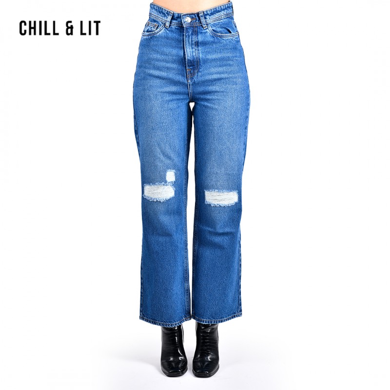 Jeans Femme Taille Haute Baggy Large Leg - Modèle FX9050 Par VITTORIO Y - Denim Clair, Coupe Large Et Confortable - Look Décontracté Tendance
